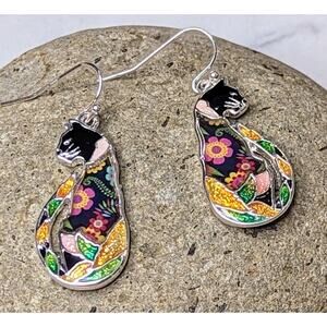 Floral Mixed Media Black Cat Sitting Tall Hook Drop Earrings NEW Gift